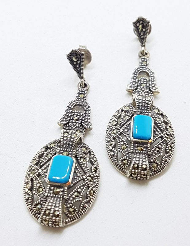 Sterling Silver Marcasite Long Drop Earrings with Reconstituted Turquoise