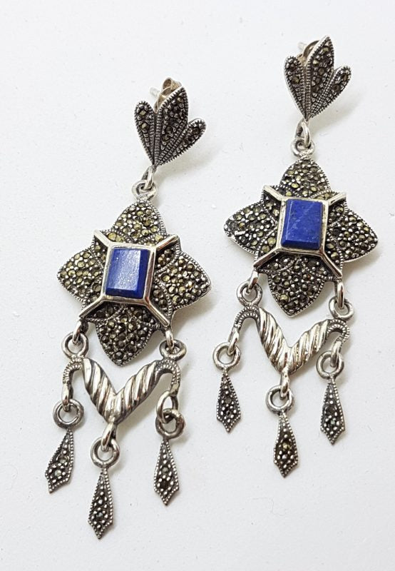 Sterling Silver Marcasite &amp; Lapis Lazuli Long Drop Earrings