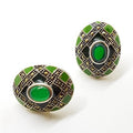Sterling Silver Marcasite, Green Onyx &amp; Enamel Large Oval Stud Earrings