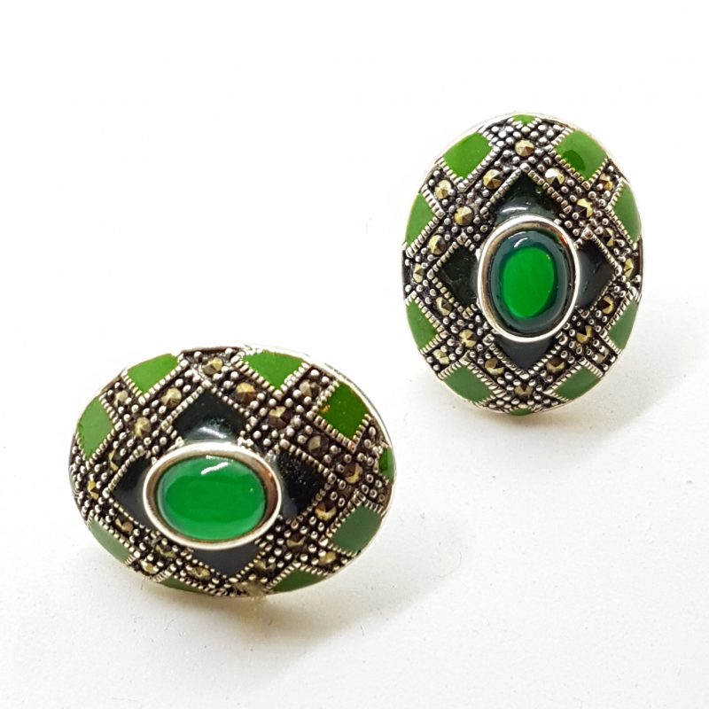 Sterling Silver Marcasite, Green Onyx &amp; Enamel Large Oval Stud Earrings
