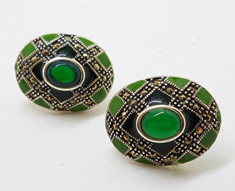 Sterling Silver Marcasite, Green Onyx &amp; Enamel Large Oval Stud Earrings