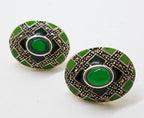 Sterling Silver Marcasite, Green Onyx &amp; Enamel Large Oval Stud Earrings