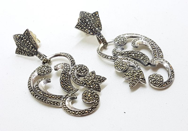 Sterling Silver Marcasite Large Ornate Drop Earrings