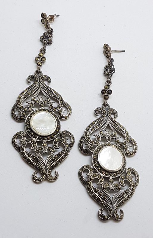 Sterling Silver Marcasite & Mother of Pearl Very Large & Long Ornate Drop Earrings