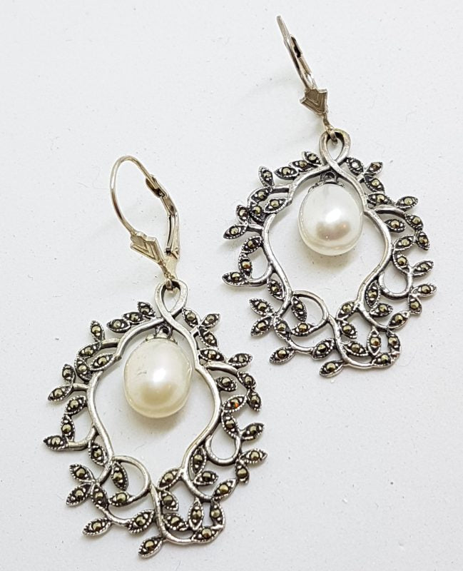 Sterling Silver Marcasite Pearl Large Ornate Drop Earrings