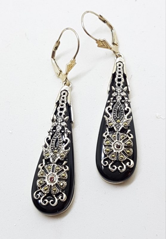 Sterling Silver Marcasite, Onyx and Garnet Long Ornate Drop Earrings