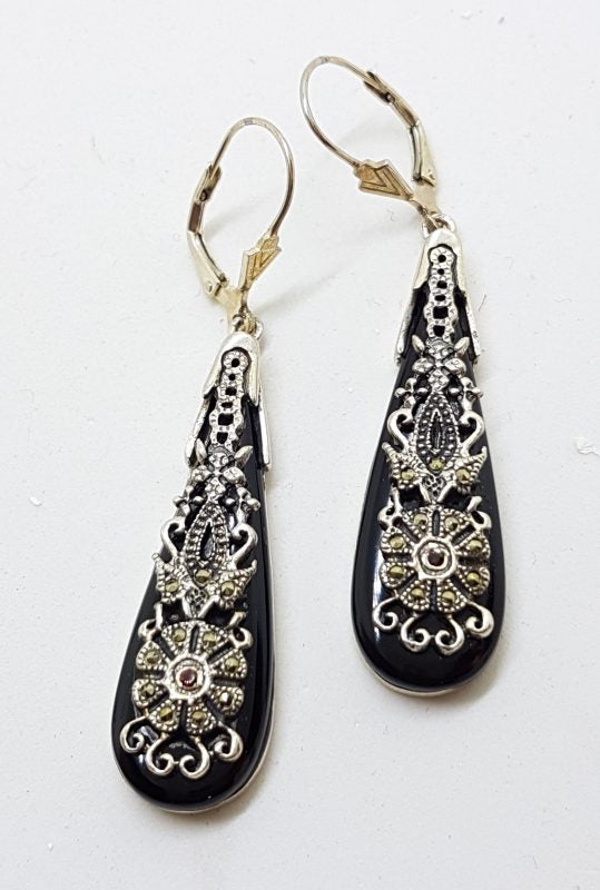 Sterling Silver Marcasite, Onyx and Garnet Long Ornate Drop Earrings