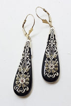 Sterling Silver Marcasite, Onyx and Garnet Long Ornate Drop Earrings