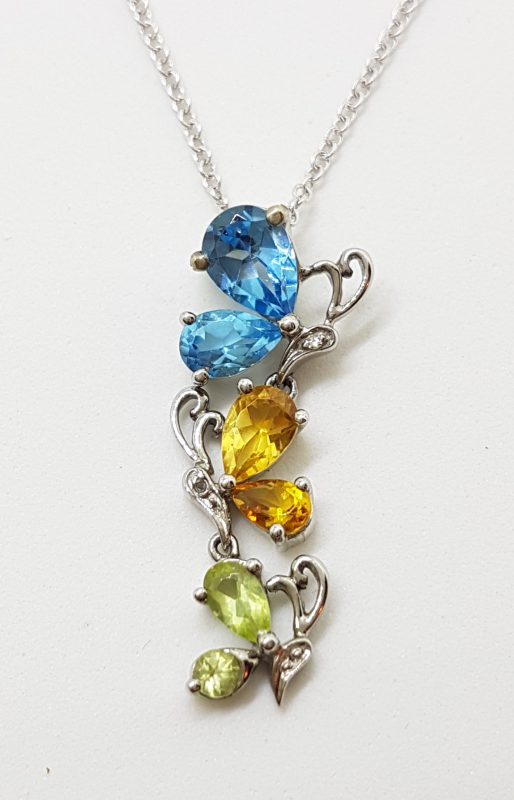 9ct White Gold Topaz, Citrine, Peridot and Diamond Butterfly Pendant on 9ct Chain