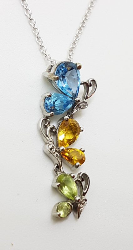 9ct White Gold Topaz, Citrine, Peridot and Diamond Butterfly Pendant on 9ct Chain
