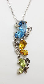 9ct White Gold Topaz, Citrine, Peridot and Diamond Butterfly Pendant on 9ct Chain
