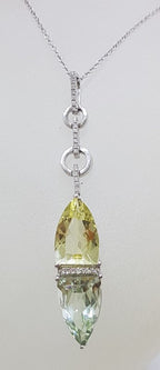 9ct White Gold Green Amethyst / Prasiolite , Citrine and Diamond Pendant on White Gold Chain