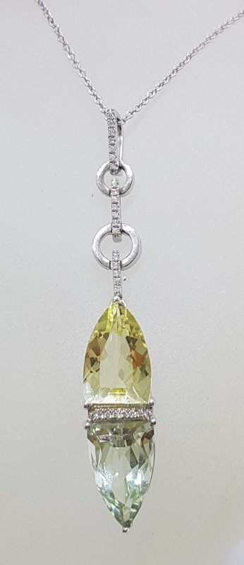 9ct White Gold Green Amethyst / Prasiolite , Citrine and Diamond Pendant on White Gold Chain