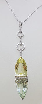 9ct White Gold Green Amethyst / Prasiolite , Citrine and Diamond Pendant on White Gold Chain