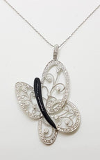 18ct White Gold Large Ornate Filigree Onyx &amp; Diamond Butterfly Pendant on Gold Chain
