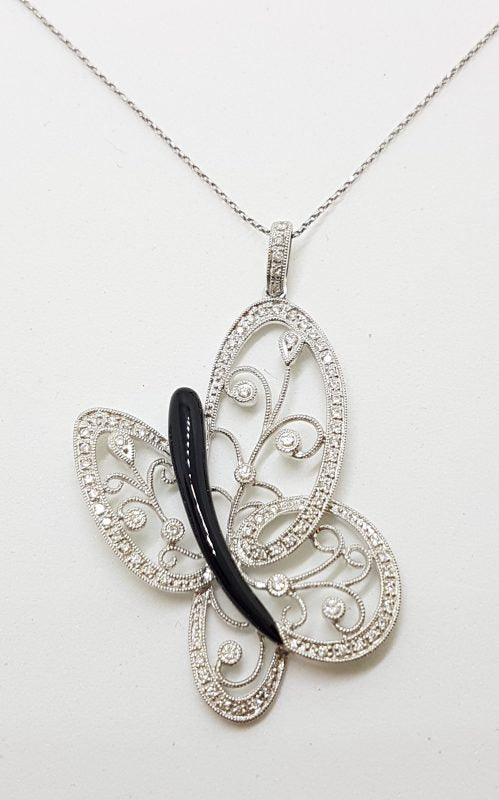 18ct White Gold Large Ornate Filigree Onyx &amp; Diamond Butterfly Pendant on Gold Chain