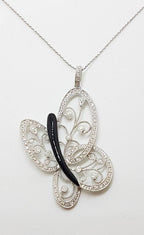 18ct White Gold Large Ornate Filigree Onyx &amp; Diamond Butterfly Pendant on Gold Chain