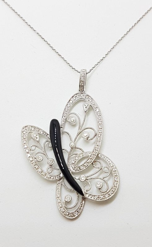 18ct White Gold Large Ornate Filigree Onyx &amp; Diamond Butterfly Pendant on Gold Chain