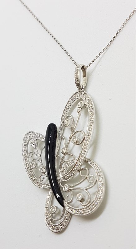 18ct White Gold Large Ornate Filigree Onyx &amp; Diamond Butterfly Pendant on Gold Chain
