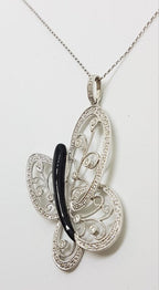 18ct White Gold Large Ornate Filigree Onyx &amp; Diamond Butterfly Pendant on Gold Chain
