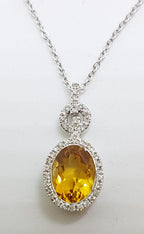 9ct White Gold Oval Citrine &amp; Diamond Pendant on Gold Chain