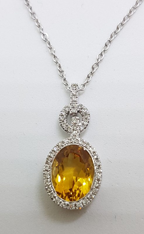9ct White Gold Oval Citrine &amp; Diamond Pendant on Gold Chain