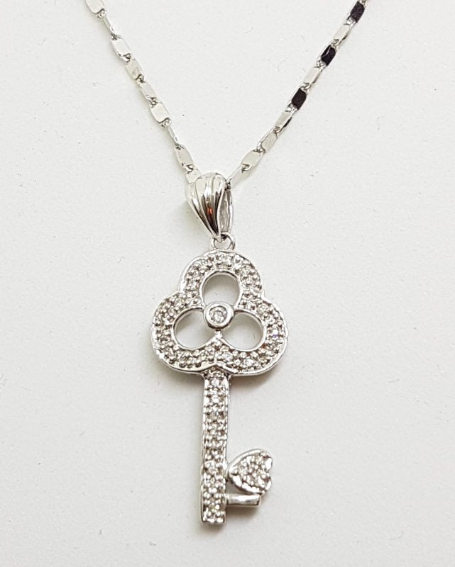 9ct White Gold Ornate Diamond Key Pendant on Gold Chain - 21st