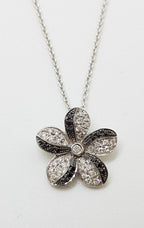 9ct White Gold Black Diamond &amp; Clear Diamond Flower Pendant on Gold Chain