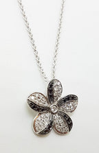 9ct White Gold Black Diamond &amp; Clear Diamond Flower Pendant on Gold Chain