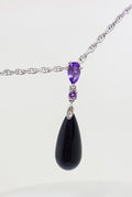 10ct White Gold Amethyst, Black Onyx &amp; Diamond Long Drop Pendant on 9ct Gold Chain