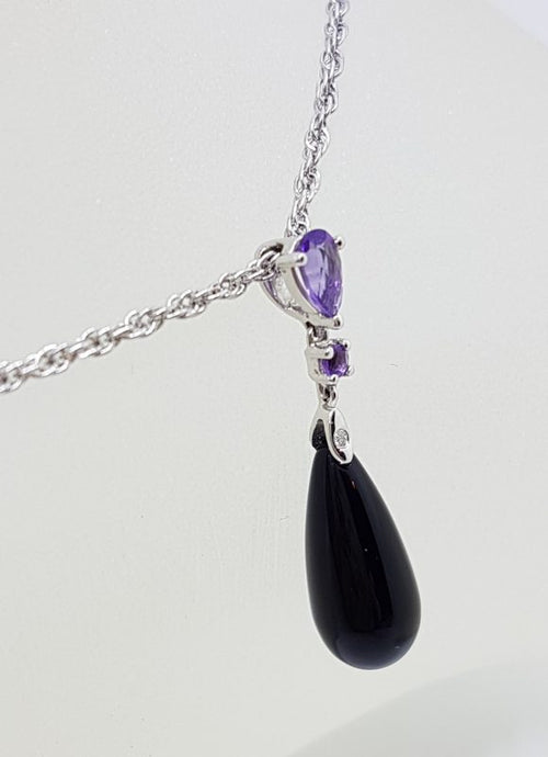 10ct White Gold Amethyst, Black Onyx &amp; Diamond Long Drop Pendant on 9ct Gold Chain