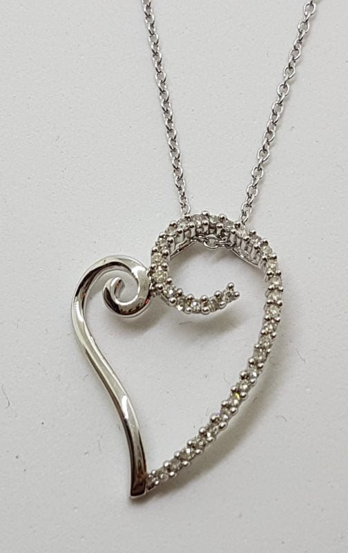 9ct White Gold Large Ornate Diamond Heart Pendant on Gold Chain