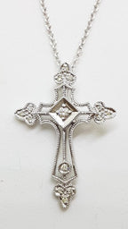 9ct White Gold Ornate Filigree Large Diamond Cross/Crucifix  Pendant on Gold Chain