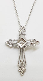 9ct White Gold Ornate Filigree Large Diamond Cross/Crucifix  Pendant on Gold Chain