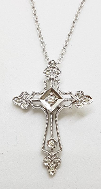 9ct White Gold Ornate Filigree Large Diamond Cross/Crucifix  Pendant on Gold Chain