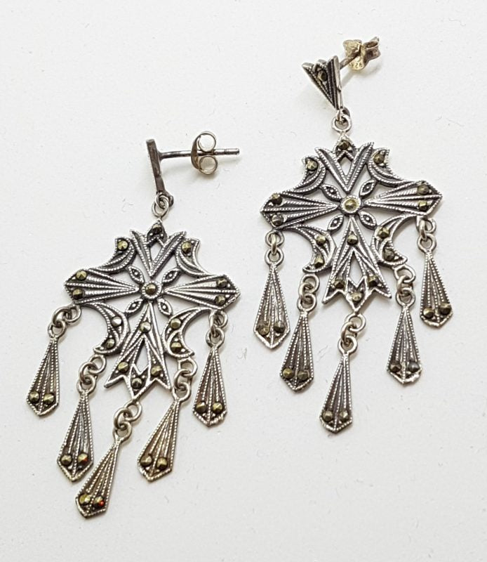 Sterling Silver Marcasite Large Ornate Drop Earrings