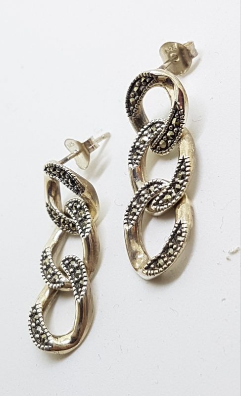 Sterling Silver Marcasite Long Curb Link Drop Earrings