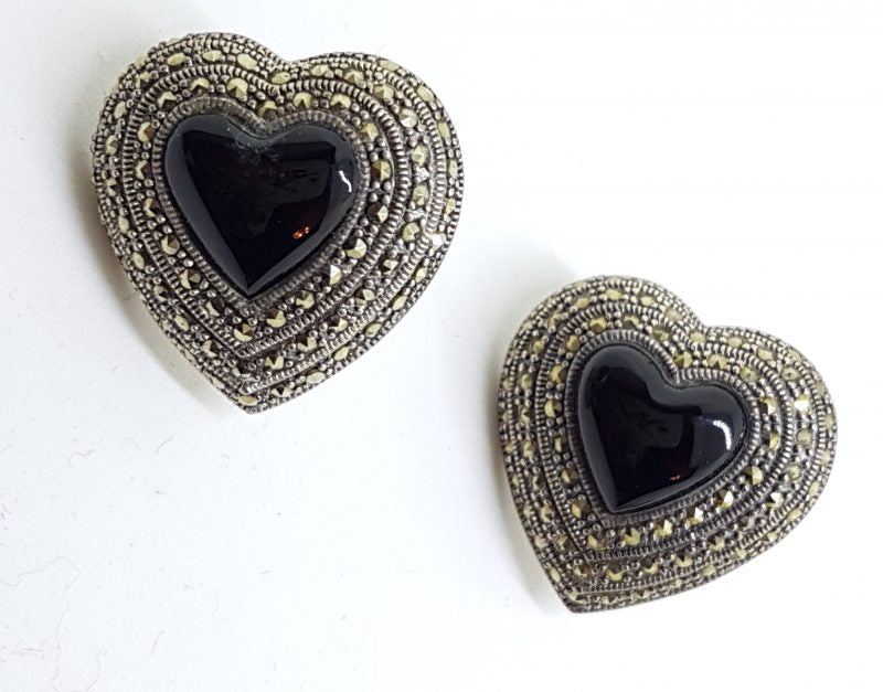 Sterling Silver Marcasite &amp; Onyx Large Heart Stud Earrings
