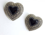 Sterling Silver Marcasite &amp; Onyx Large Heart Stud Earrings