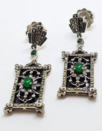 Sterling Silver Marcasite, Onyx and Green Agate Drop Earrings