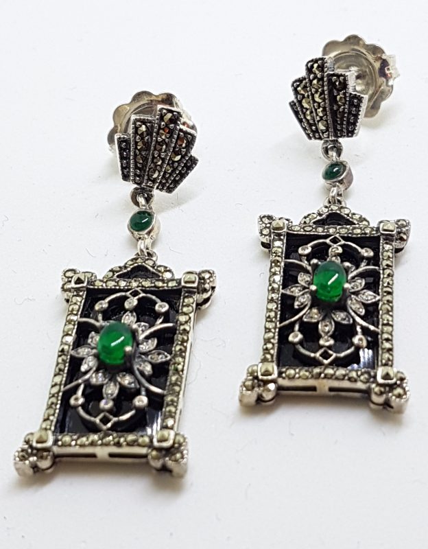Sterling Silver Marcasite, Onyx and Green Agate Drop Earrings