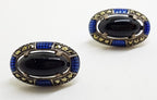 Sterling Silver Marcasite, Onyx &amp; Blue Enamel Large Oval Stud Earrings