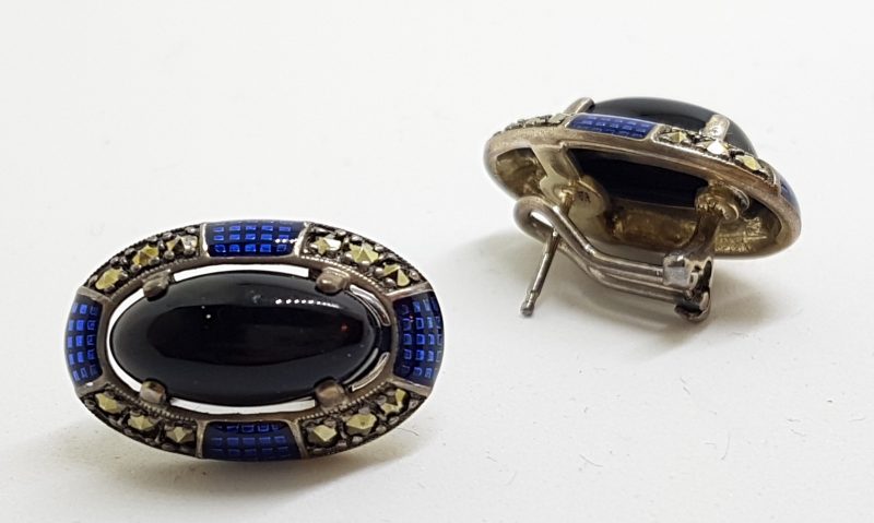 Sterling Silver Marcasite, Onyx &amp; Blue Enamel Large Oval Stud Earrings