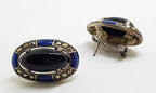Sterling Silver Marcasite, Onyx &amp; Blue Enamel Large Oval Stud Earrings