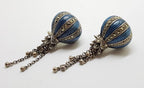 Sterling Silver Marcasite &amp; Blue Enamel Long Drop Earrings