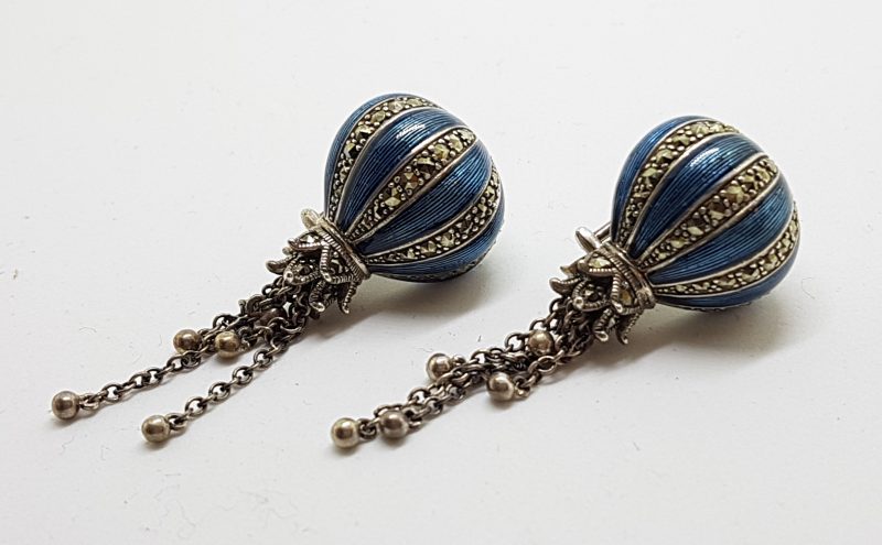 Sterling Silver Marcasite &amp; Blue Enamel Long Drop Earrings