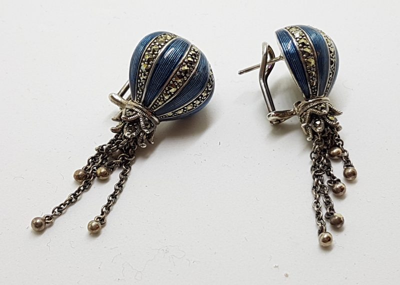 Sterling Silver Marcasite &amp; Blue Enamel Long Drop Earrings