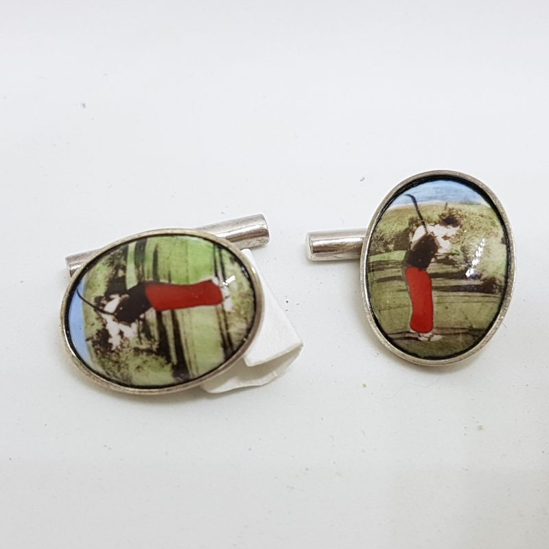 Sterling Silver Enamel Oval Golf Player Cufflinks