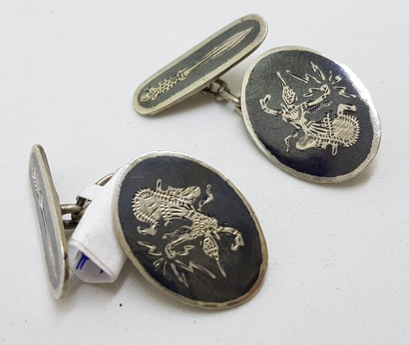 Sterling Silver Black Enamel Siam Thailand Oval Cufflinks