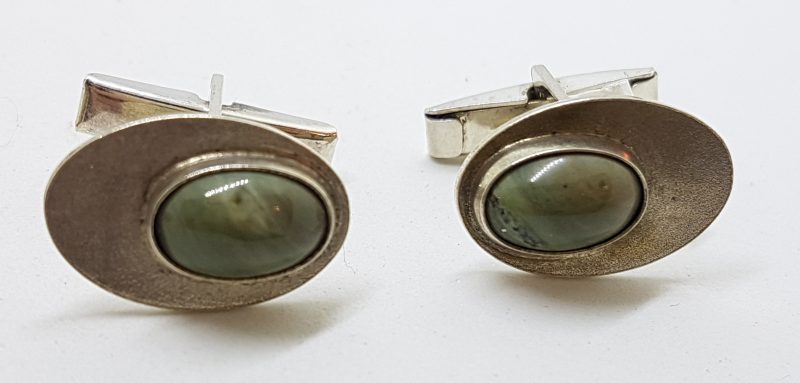 Sterling Silver Oval Green Stone Cufflinks